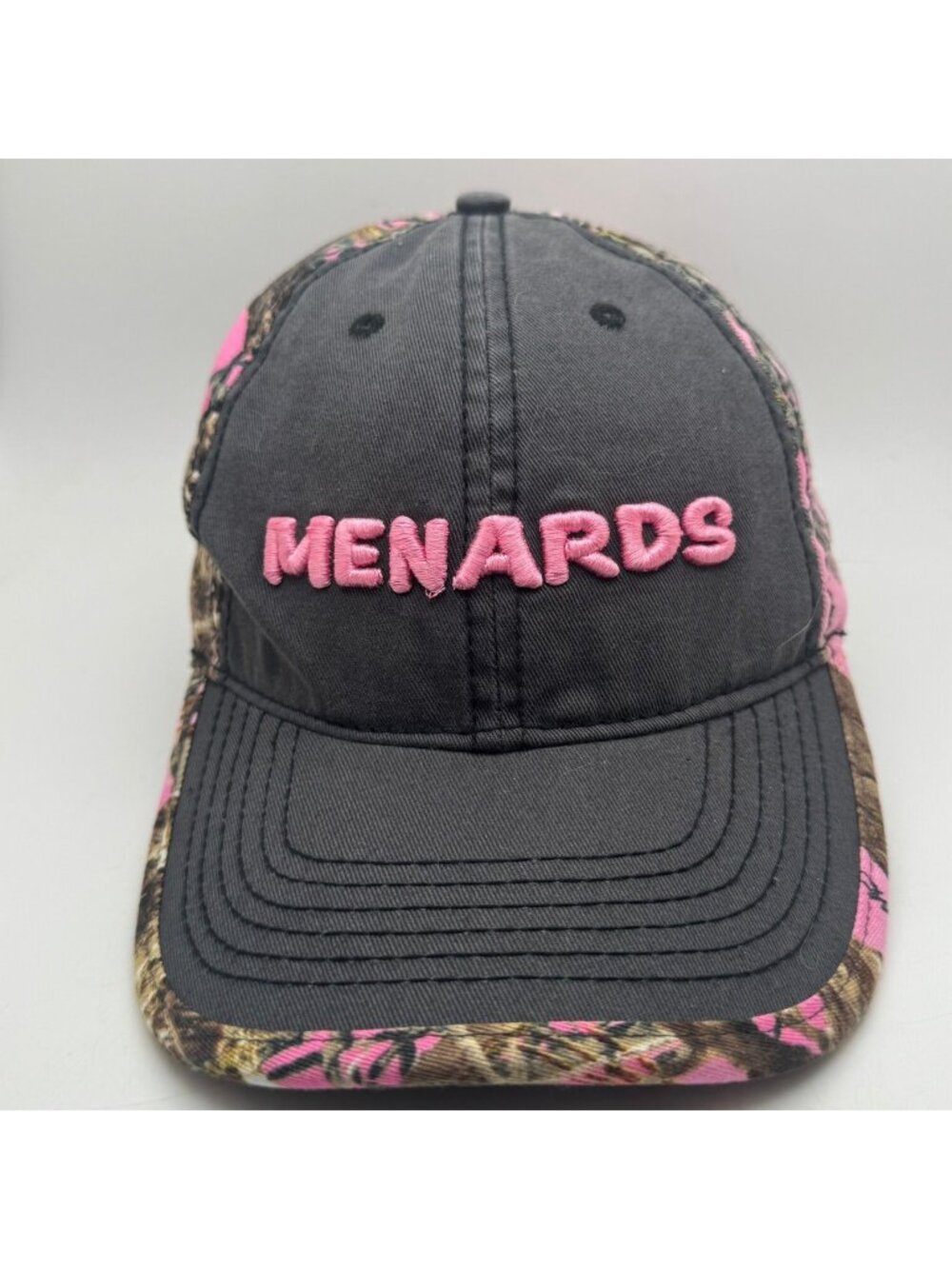 Menards Baseball Cap Hat Women's Pink Camo Gray Embroidered Logo Adjustable